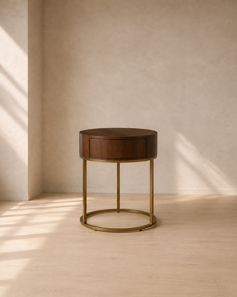 Hampton Round Wooden Bedside Table | Brown