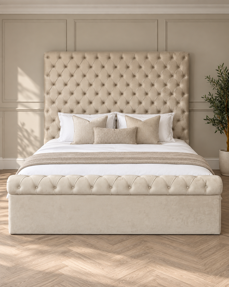 Ava Sleigh -Emperor (200x200) in Plush Cream Fabric With Solid Boards