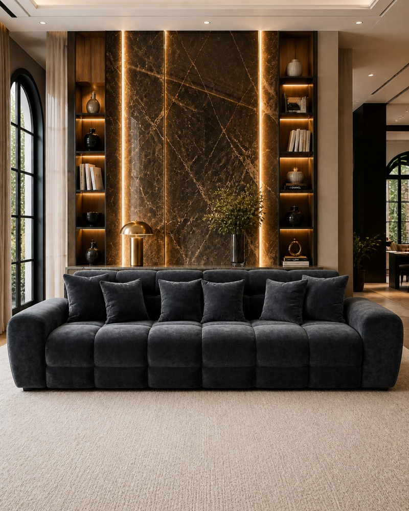 Marlin Black Velvet 4 Seater Sofa