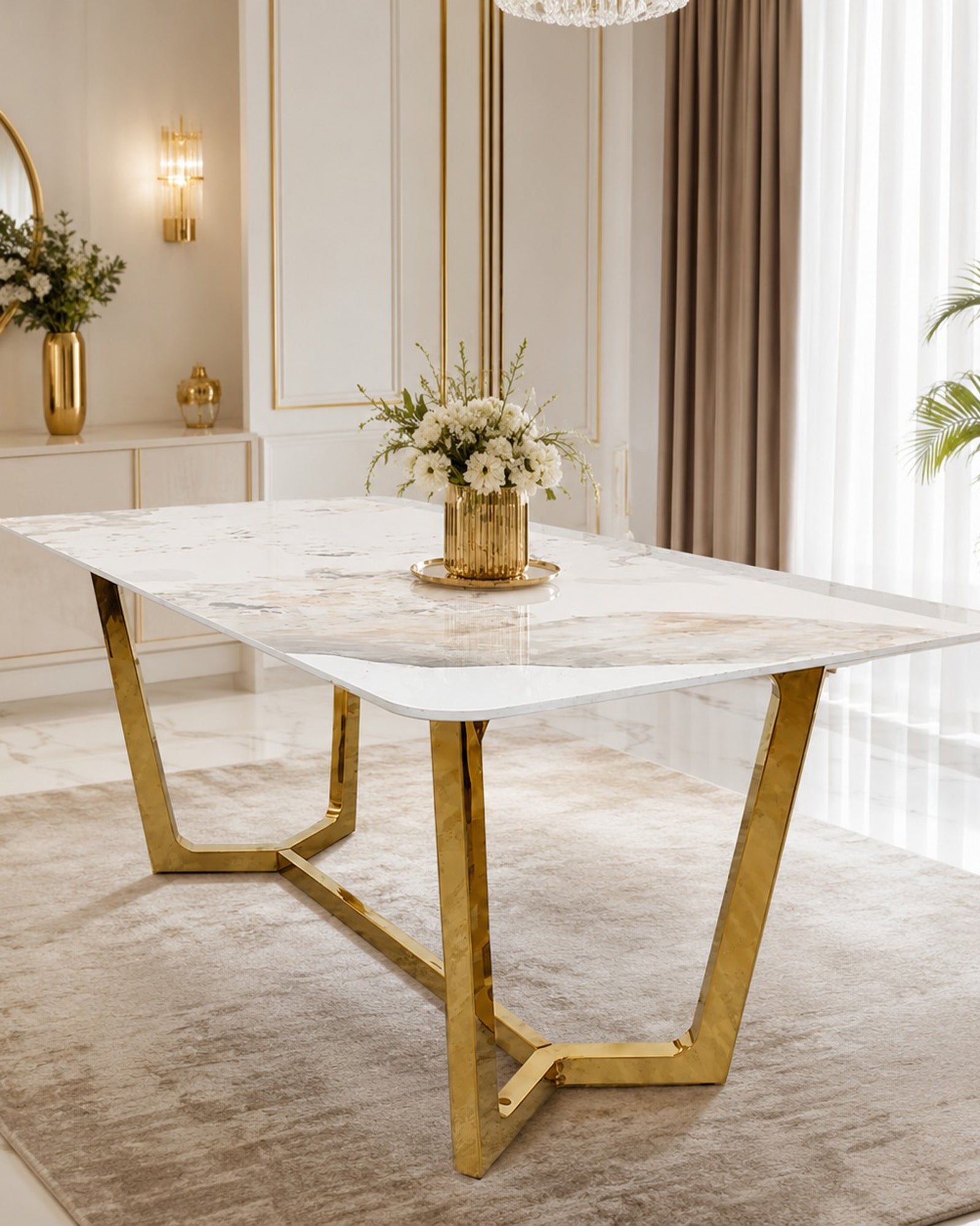 Modern Gold Dining Table with Stone Top – Luxury Home Interior