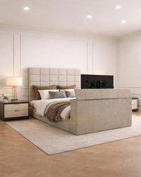 The Bespoke Purini Upholstered TV Bed Frame- Fully Customisable with Storage Options
