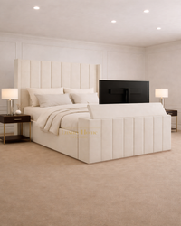 The Bespoke Zennic Upholstered Soft Velvet Line Tv Bespoke Bed Frame- Fully Customisable with Storage Options- Luxe Tv Range