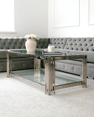 Cohen Modern Stainless Steel & Tempered Glass Coffee Table Rectangular with Magazine Shelf 120cm– Colton Luxury Style